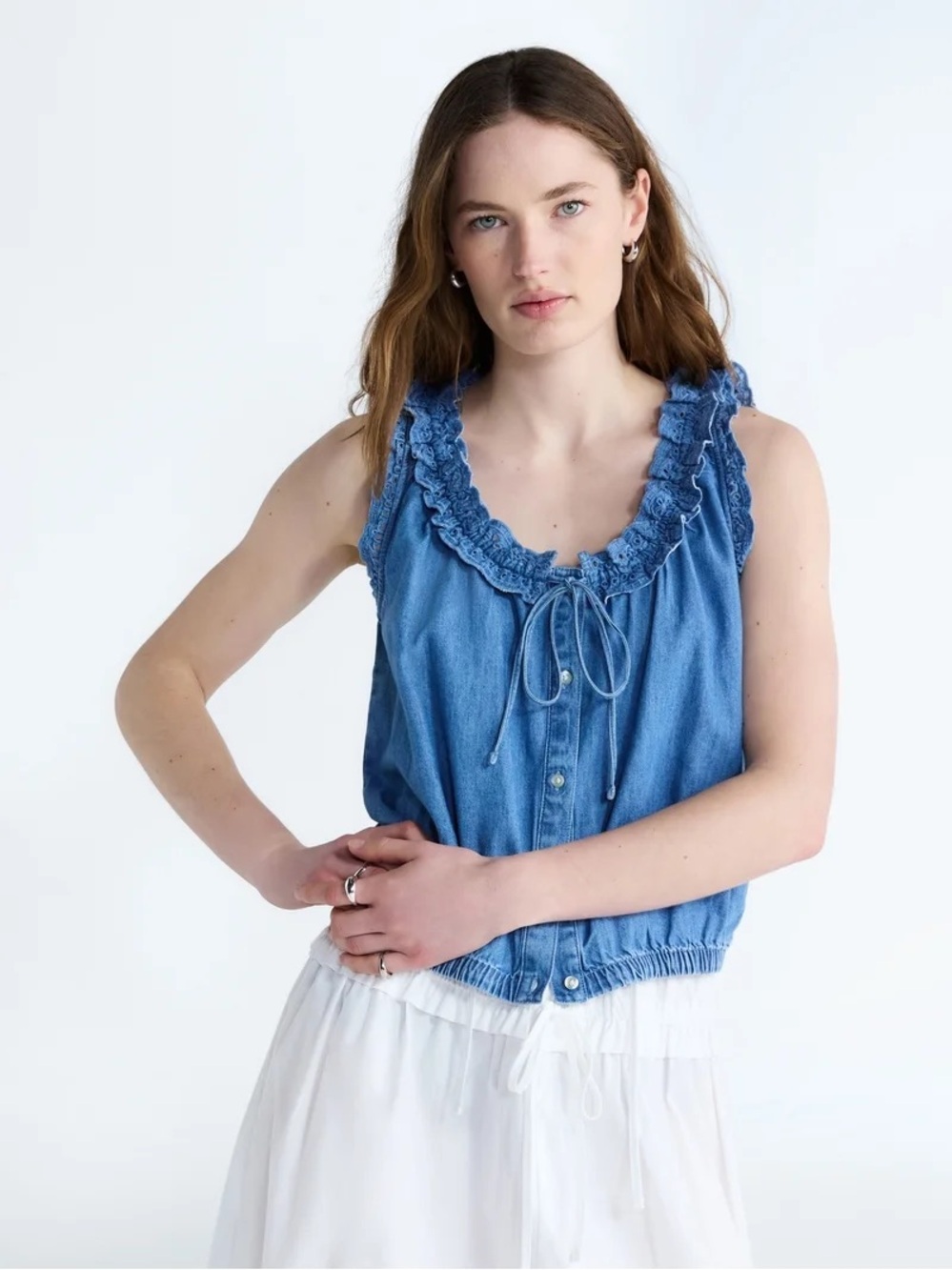 Blue Denim Ruffle Sleeveless Top